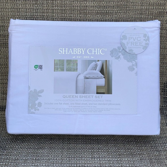 Shabby Chic White Cotton Enbroidered Scallop Dot Natural QUEEN Sheet Set 4pc - Picture 6 of 13